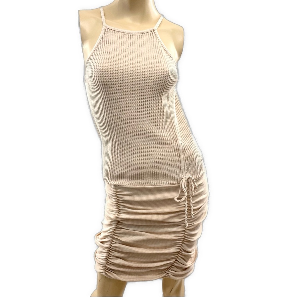 Free People- Cream Waffle Knit Ruched Mini Dress- S